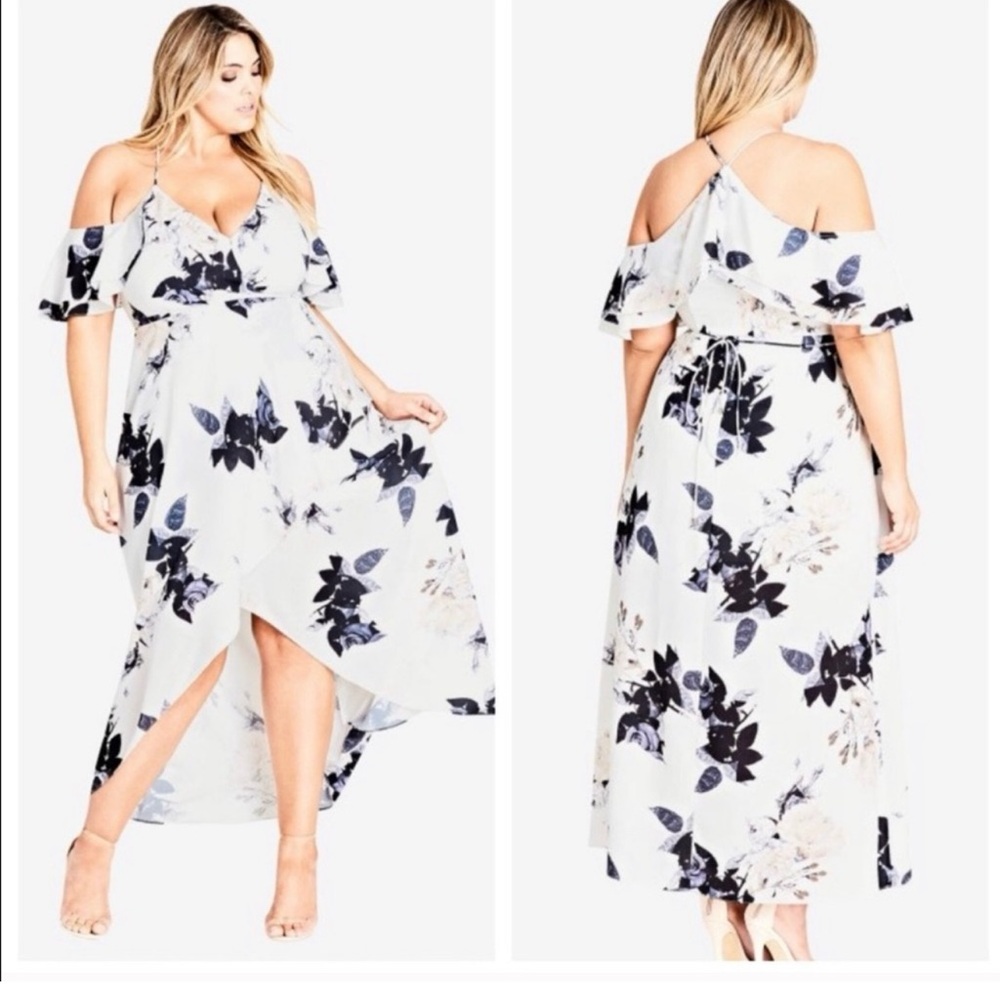 City Chic Maxi Dress Women’s Sz M/18 Cream Black Floral Off Shoulder Delicate